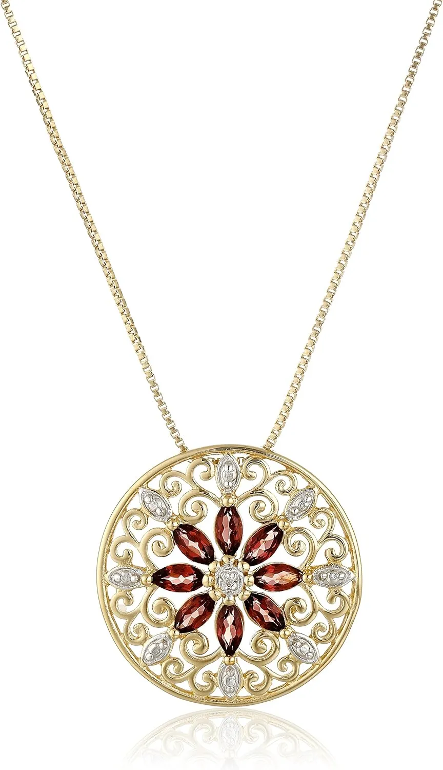 Amazon Essentials 18k Yellow Gold Plated Sterling Silver Gemstone and Diamond Accent Filigree Mandala Pendant Necklace, 18" (previously Amazon Collection)