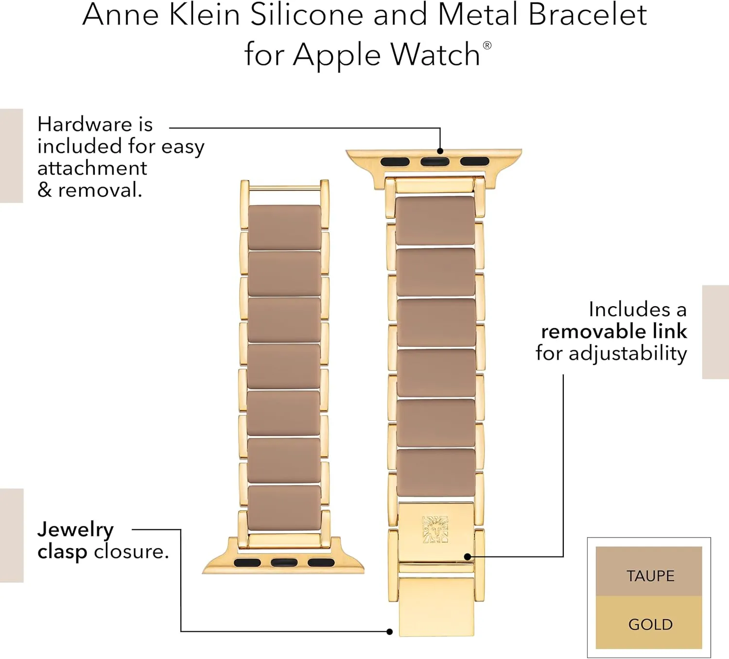 Anne Klein Rubberized Fashion Bracelet for Apple Watch, Secure, Adjustable, Apple Watch Replacement Band, Fits Most Wrists