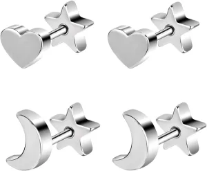 AOEDEJ 2 Pairs Studs Earrings for Women Flat Earring Backs Small Stud Earrings for Women Hypoallergenic Earrings Studs Moon Star Heart Stud Earrings Double Pattern