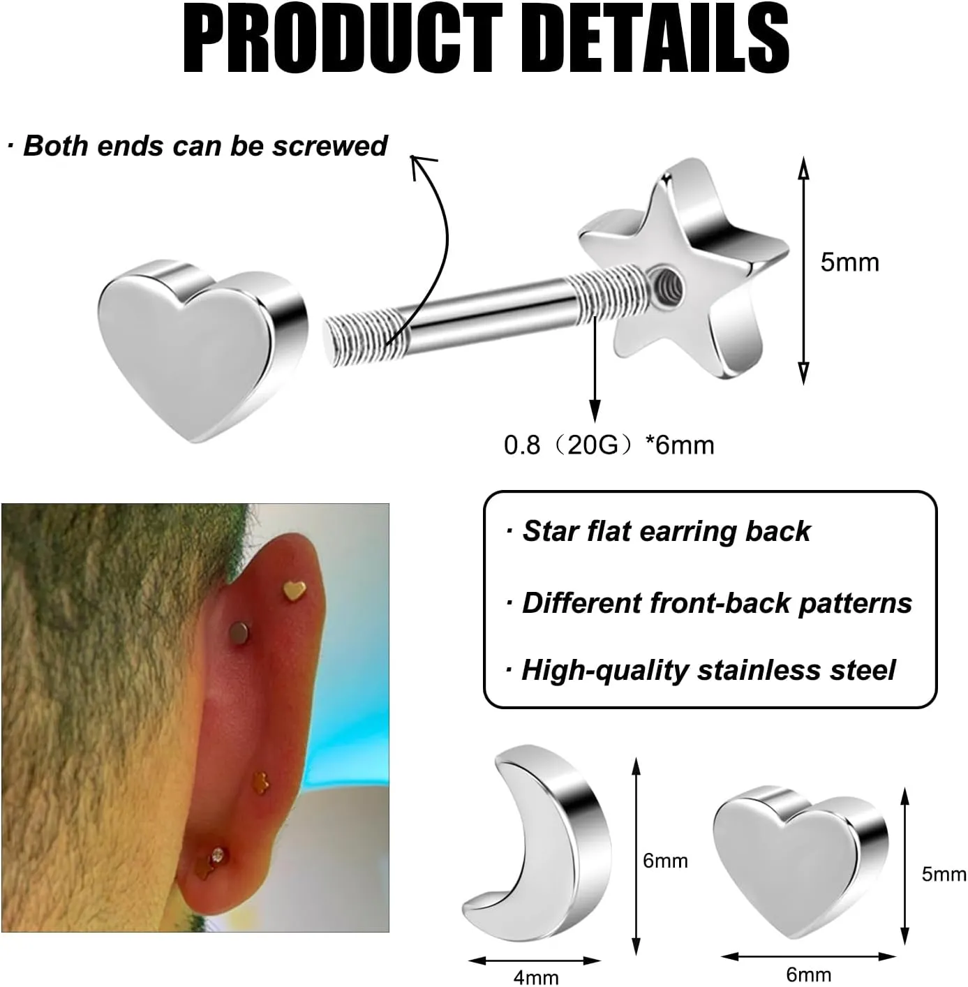 AOEDEJ 2 Pairs Studs Earrings for Women Flat Earring Backs Small Stud Earrings for Women Hypoallergenic Earrings Studs Moon Star Heart Stud Earrings Double Pattern