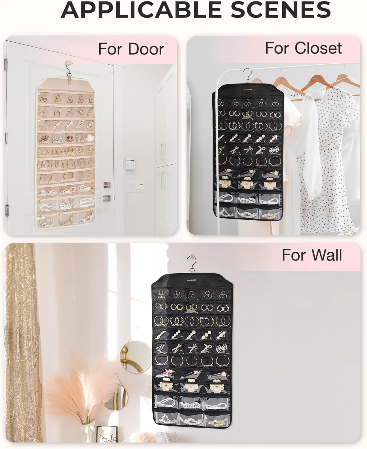 BAGSMART Hanging Jewelry Organizer, 68 Pocket Earring Holder for Wall, Extra Large Jewelry Storage, Black, 1 Piece