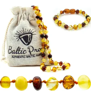 Baltic Proud Amber Necklace and Bracelet Gift Set (Unisex Mix Polished 12.5 Inches/5.5 Inches) - Certified Premium Quality Raw Baltic Sea Amber
