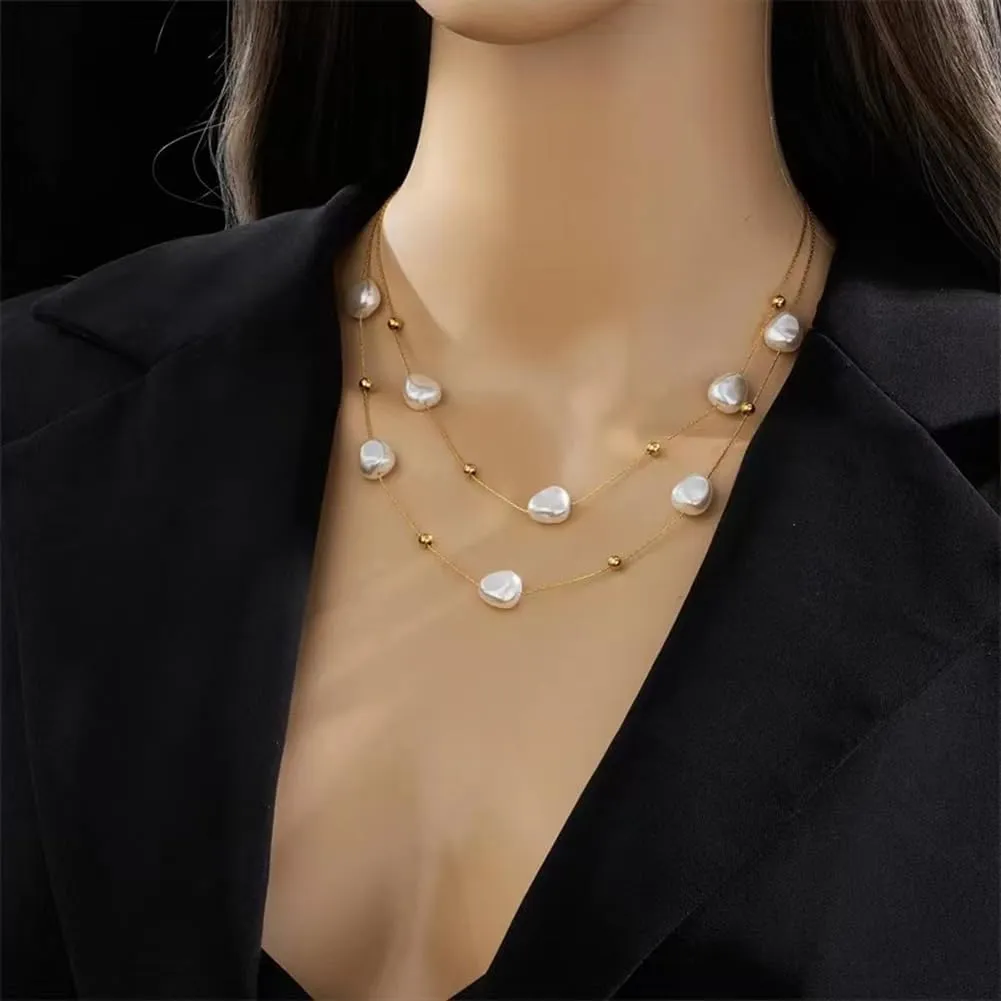 Baroque Pearl Necklace Double Layered Pearl Necklace Titanium Steel Imitation Irregular Pearl Necklace Choker for Women Fashion Summer Beach Jewelry