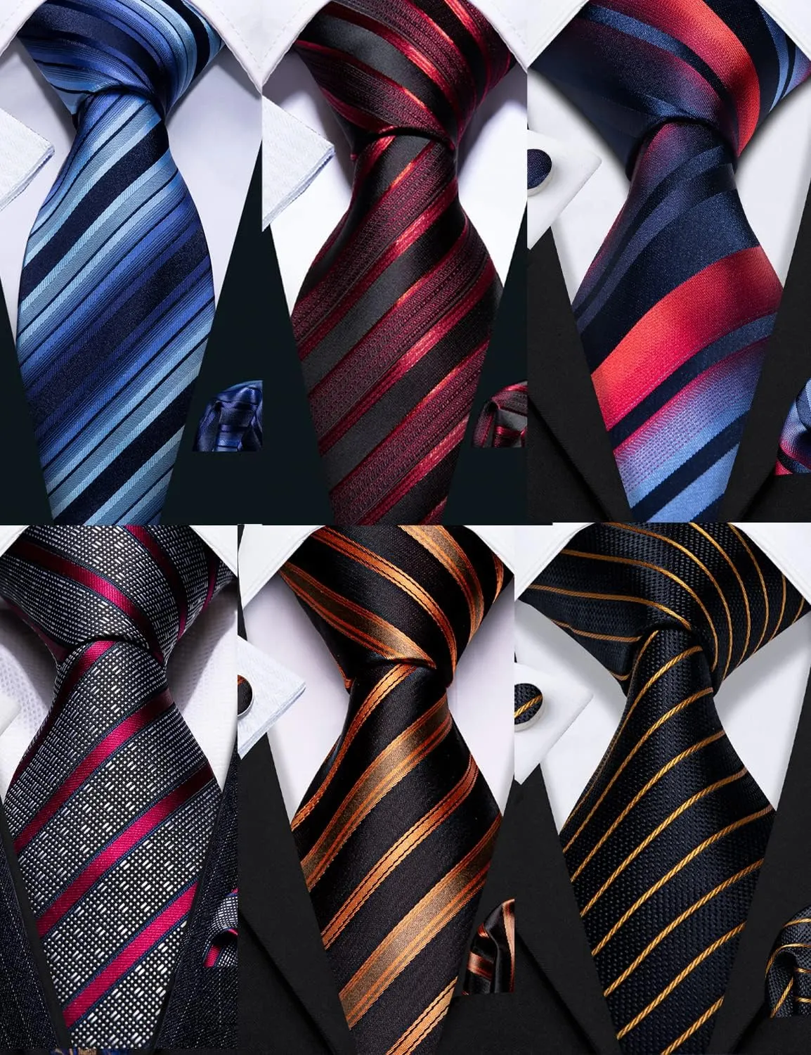 Barry.Wang 6 PCS Men Ties Set Silk Business Fashion Woven Necktie Handkerchief Cufflinks Paisley Stripe Wedding Party