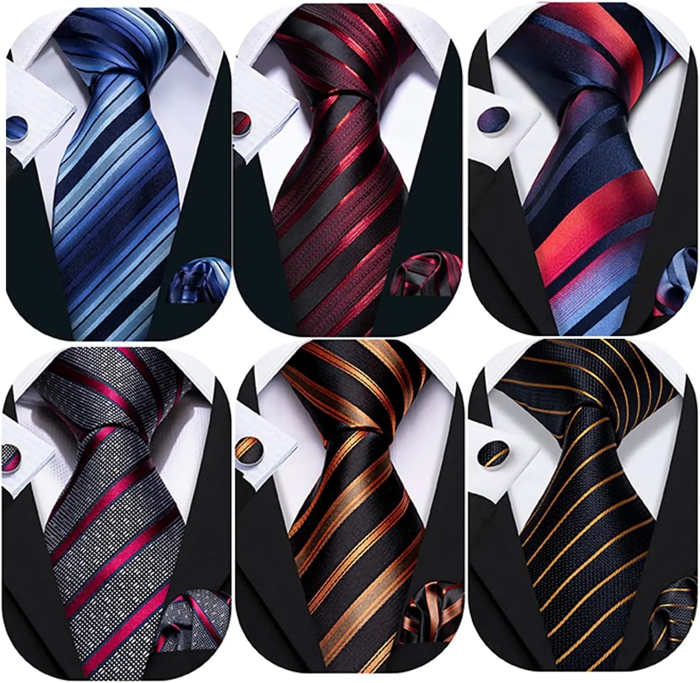 Barry.Wang 6 PCS Men Ties Set Silk Business Fashion Woven Necktie Handkerchief Cufflinks Paisley Stripe Wedding Party