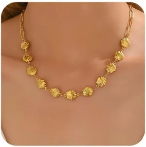 Beach Charm Necklace for Women Dainty 18K Gold Plated Paperclip Chain Sea Shell Starfish Dolphin Choker Necklace Boho Ocean Summer Jewelry Gifts