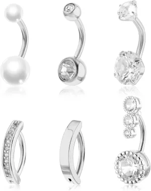Belly Button Piercing 6pcs Belly Button Rings,Stainless Steel Diamond Belly Rings For Women,Pendant Navel piercing Jewelry (15G,16G)(Silver)