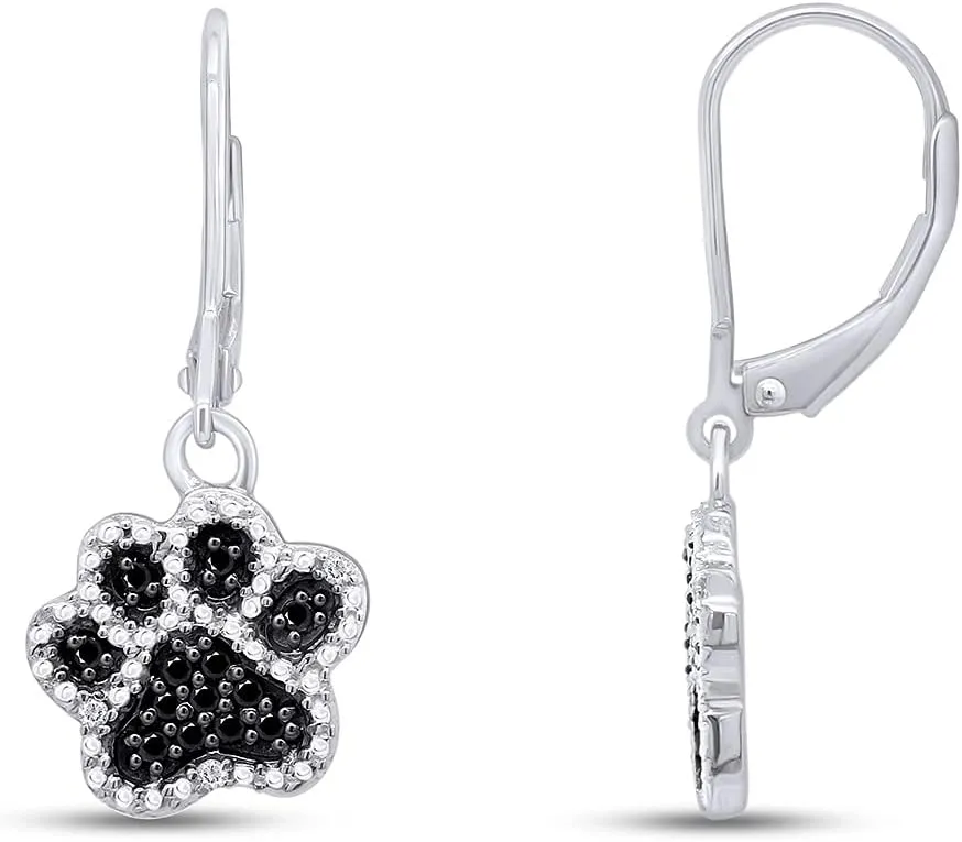 Black & White Natural Diamond Paw Print Dangle Earrings in14K Gold Over Sterling Silver (1/6 Cttw)