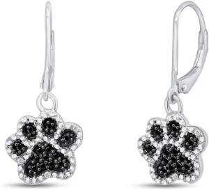 Black & White Natural Diamond Paw Print Dangle Earrings in14K Gold Over Sterling Silver (1/6 Cttw)