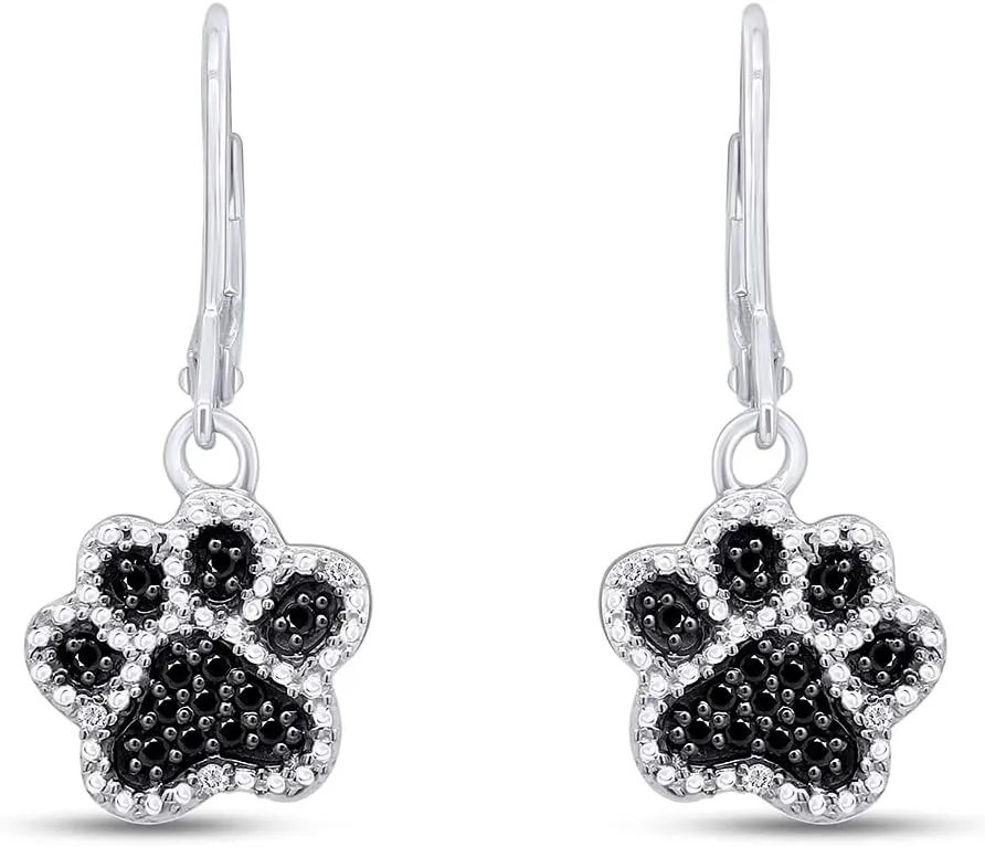Black & White Natural Diamond Paw Print Dangle Earrings in14K Gold Over Sterling Silver (1/6 Cttw)