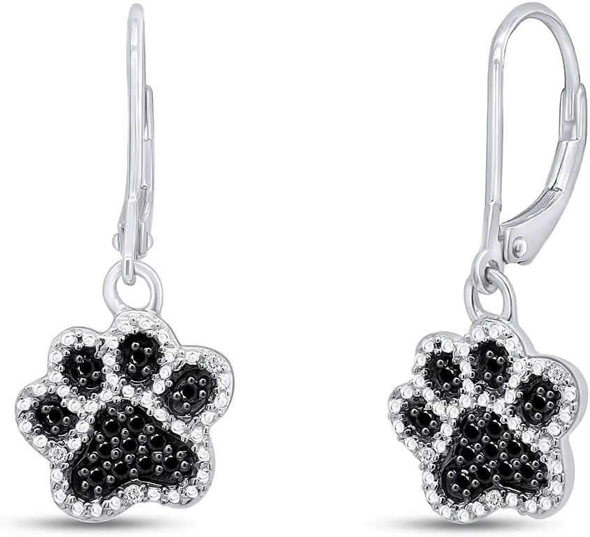 Black & White Natural Diamond Paw Print Dangle Earrings in14K Gold Over Sterling Silver (1/6 Cttw)