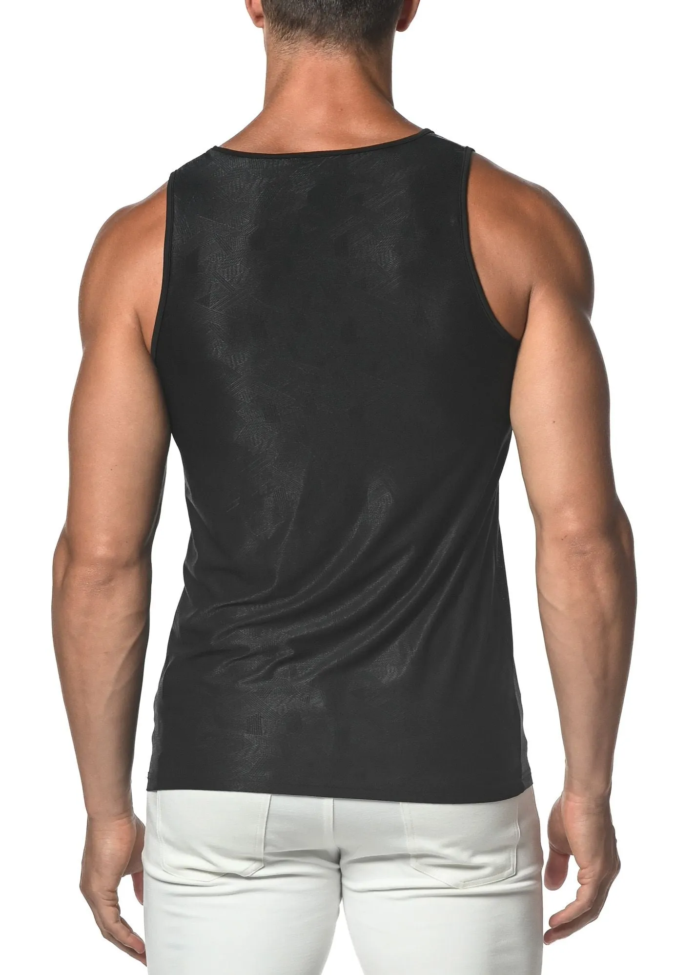 BLACK CROSSHATCH TEXTURED MESH STRETCH PERFORMANCE TANK TOP  ST-273