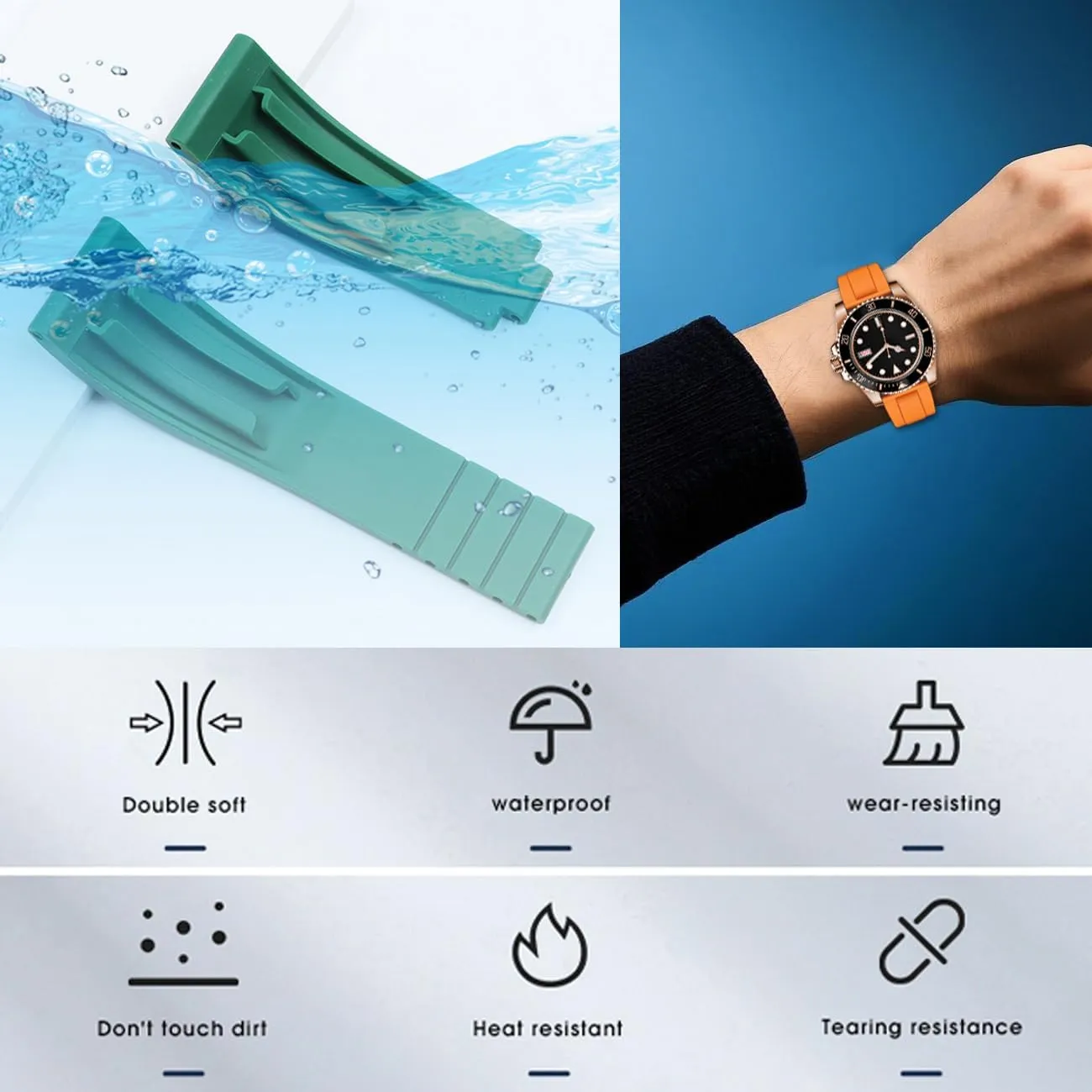 Black Universal TPU Silicone Watch Band for Men and Women, 20mm 22mm Rubber Strap Bracelet with Classic Diving Deployment Buckle Blue Green