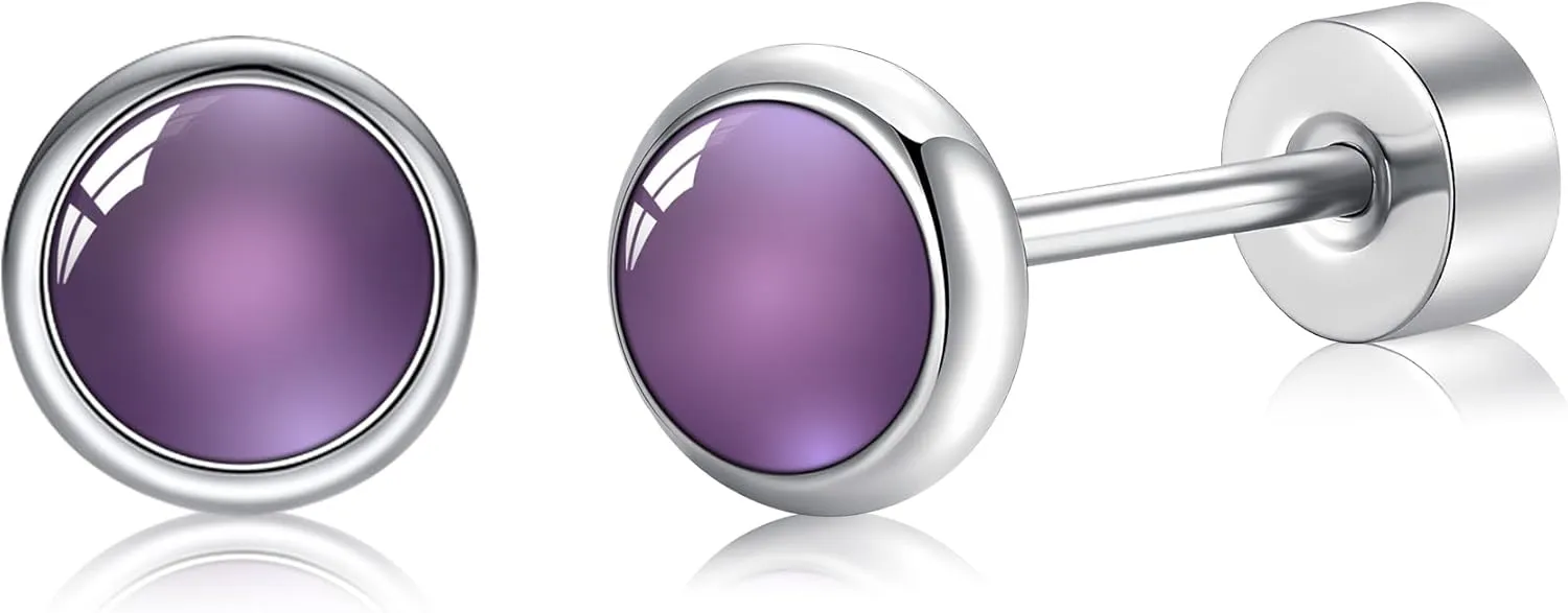 BLISI Amethyst Earrings ASTM F136 Titanium Stud Earrings 5mm Natural Stone Women Earrings Hypoallergenic Gemstone Purple Healing Crystal Earring for Sensitive Ears 20G