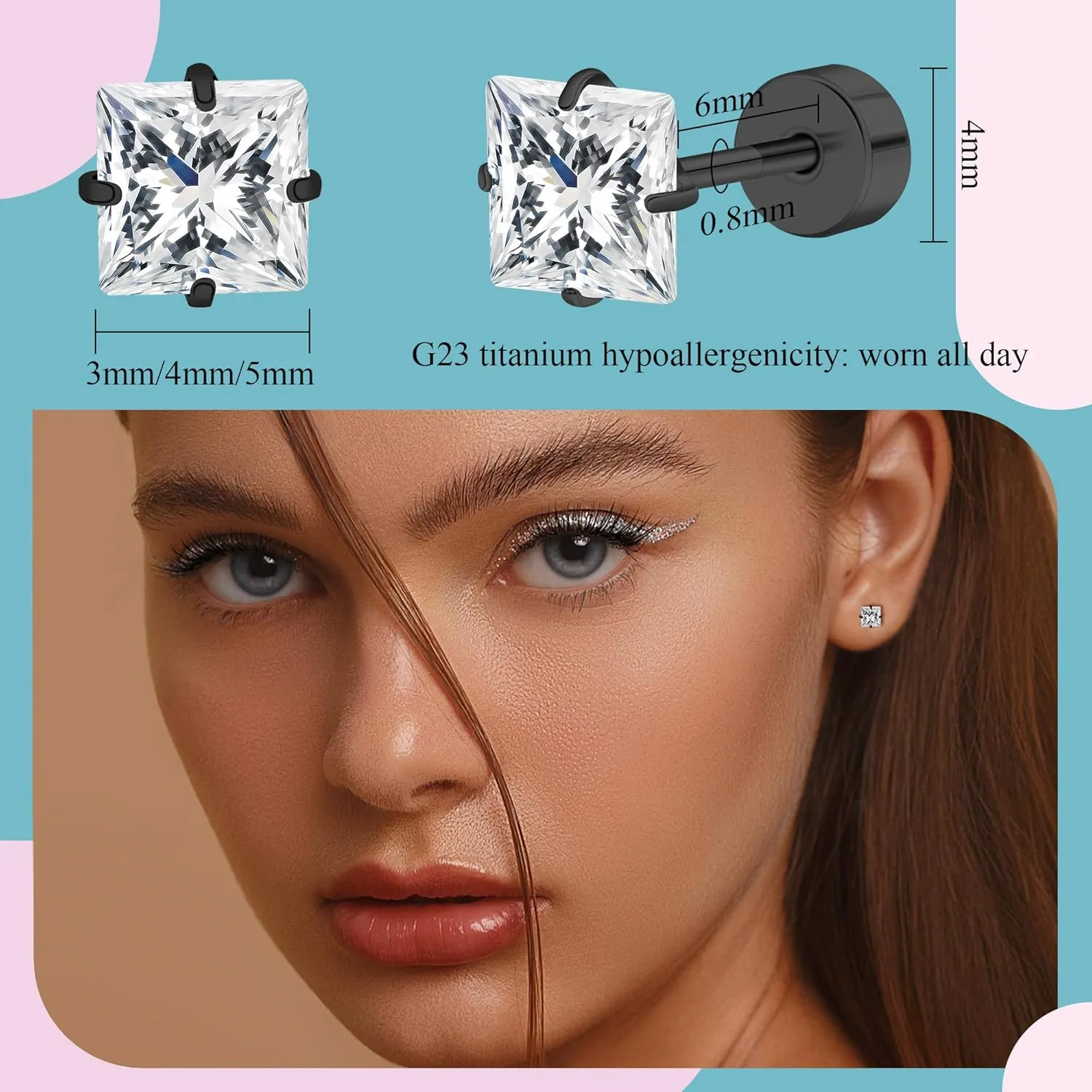 BLISI Heart-Cut Cubic Zirconia Screw-Back Stud Earrings - Hypoallergenic Titanium Cartilage Jewelry for Women & Men (3/4/5mm, Silver/Rose Gold/Gold/Black)