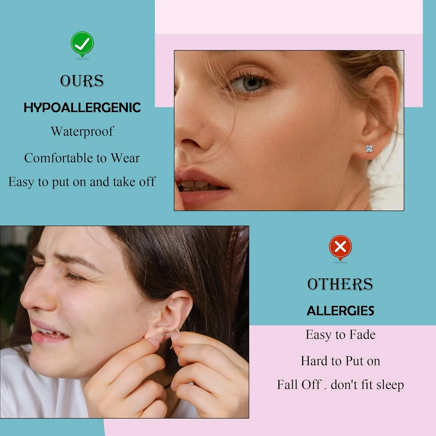 BLISI Heart-Cut Cubic Zirconia Screw-Back Stud Earrings - Hypoallergenic Titanium Cartilage Jewelry for Women & Men (3/4/5mm, Silver/Rose Gold/Gold/Black)