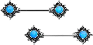 Body Candy Steel Blue Synthetic Opal Tribal Sun Barbell Nipple Ring Set of 2 14 Gauge 5/8"