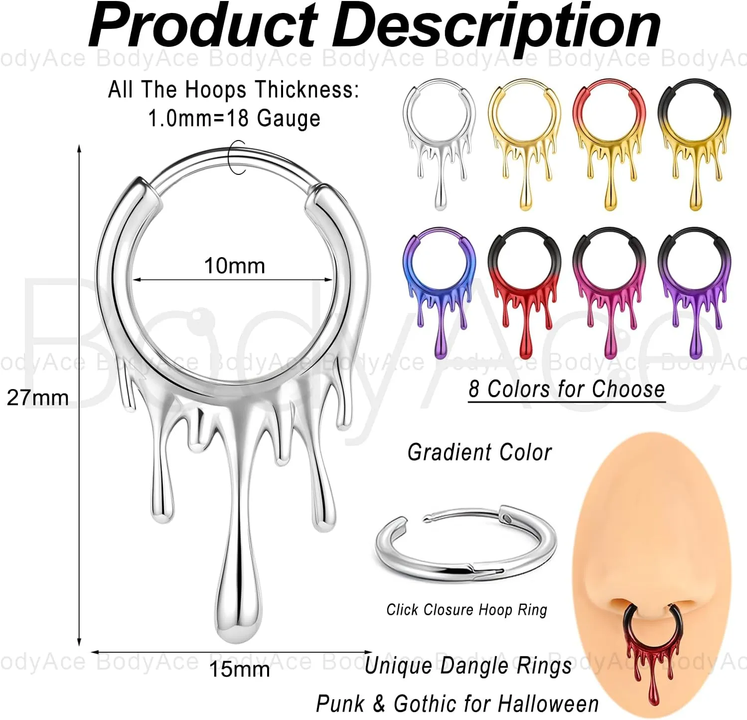 BodyAce 18G Molten Lava Nose Rings Septum Hoops, 316L Stainless Steel Tragus Piercings Earrings, Multi Colors Septum Rings Gothic Body Jewelry