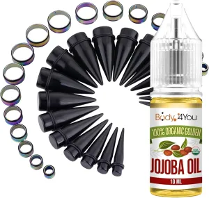 BodyJ4You 37PC Ear Stretching Kit - 00G-25mm Big Gauges - Aftercare Organic Jojoba Oil - Surgical Steel Single Flare Tunnels Plugs Solid Acrylic Tapers - Stretchers Weights Expanders Eyelets