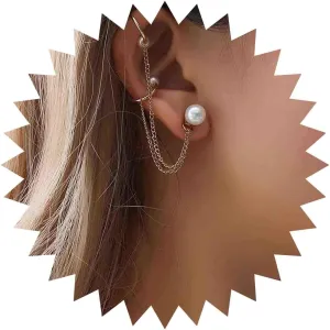 Bohemia Pearl Tassel Chain Ear Cuff Earrings Long Pearl Stud Earrings Gold Hoop Chain Cuff Earrings Vintage Pearl Cartilage Earrings Jewelry for Women