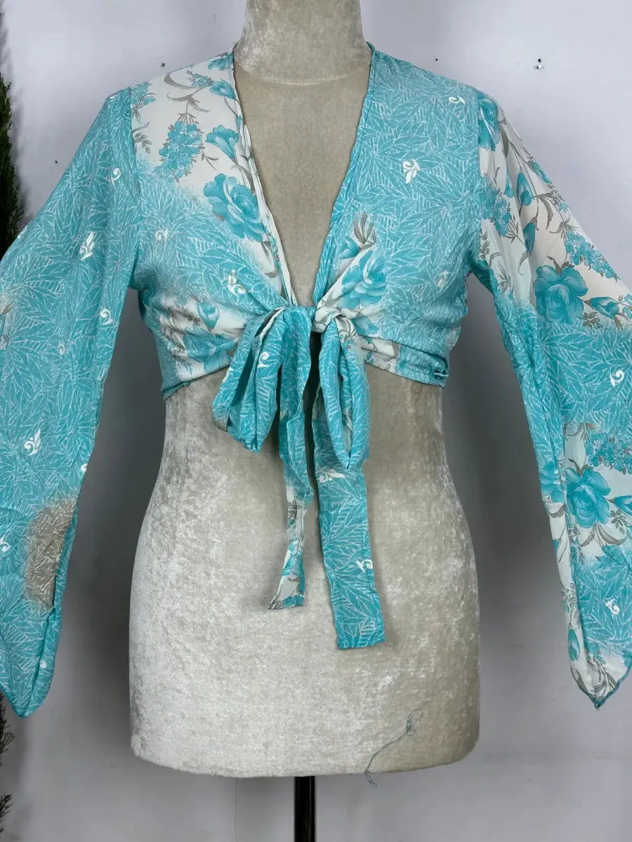 Bohemian Hippie Long Bell Sleeve Wrap Top with Front Tie, Colorful Paisley and Flower Pattern, Festival Boho Fairy Goddess, Summer Going Out | Blue Hue Sky Floral