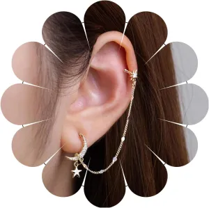 Boho Cz Moon Star Chain Cuff Earrings Crystal Crescent Stud Earrings Star Dangle Ear Clip Earrings Gold Northstar Ear Cuff Chain Earring Jewelry for Women
