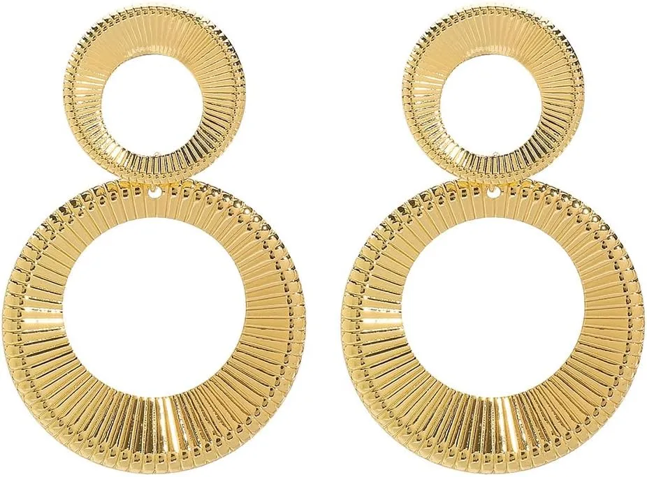 Boho Double Circle Drop Earrings for Women Vintage Layered Disc Drop Statement Earrings Exaggerated Metal Textured Round Dangle Earrings Jewelry Gifts