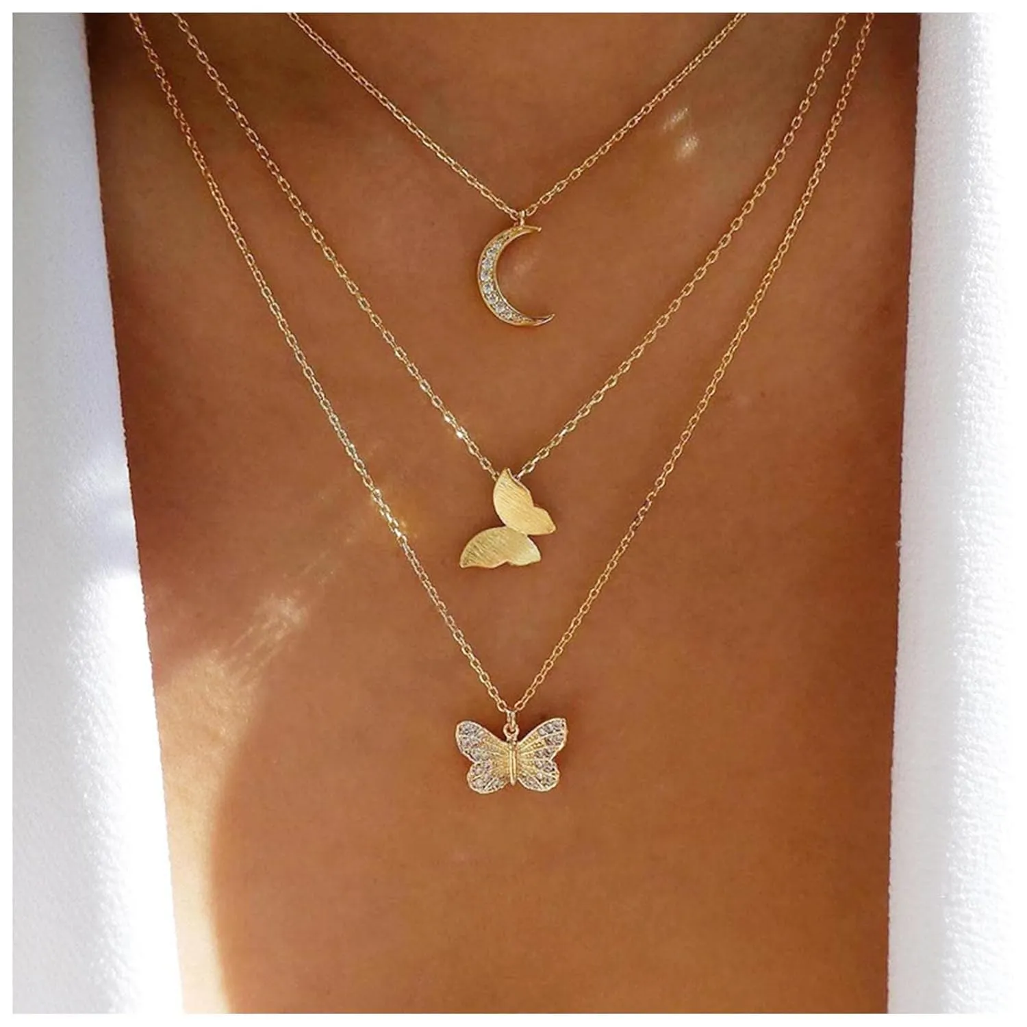 Boho Layered Butterfly Moon Necklace Crystal Butterfly Pendant Necklace Cz Crescent Necklace Choker Gold Butterfly Necklace Chain Jewelry for Women and Girls
