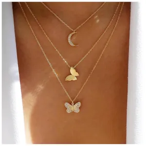 Boho Layered Butterfly Moon Necklace Crystal Butterfly Pendant Necklace Cz Crescent Necklace Choker Gold Butterfly Necklace Chain Jewelry for Women and Girls
