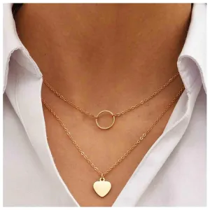 Boho Layered Open Circle Necklace Heart Pendant Necklace Choker Outline Circle Collar Necklace Chain Gold Heart Necklace Jewelry for Women and Girls