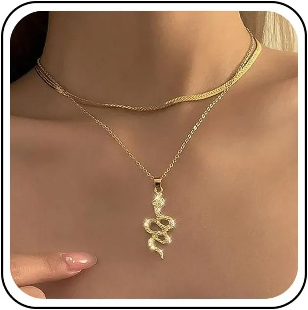 Boho Layered Snake Choker Necklace Gold Flat Herringbone Chain Necklace Crystal Snake Pendant Necklace Punk Snake Bone Necklace Gothic serpent necklace Jewelry for Women