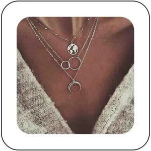 Boho Layered World Map Necklace Moon Crescent Pendant Necklace Open Circle Choker Necklace Vintage Silver Interlocking Circle Necklace Chain Jewelry for Women