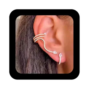 Boho Snake Ear Cuff Hoop Earrings Non Piercing Silver Rhinestone Snake Ear Wrap Earrings Punk Serpent Ear Clip Earrings Set Jewelry for Women(silver)