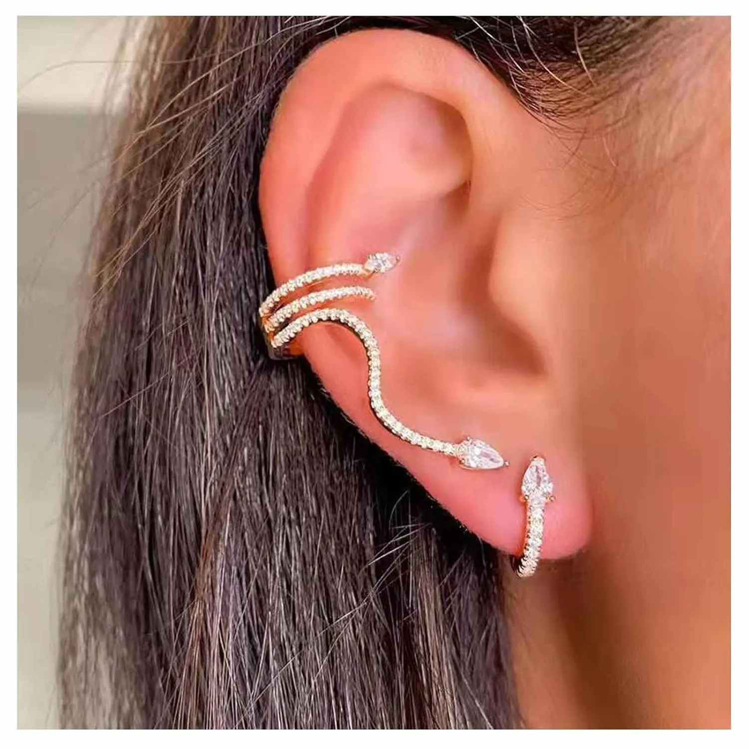 Boho Snake Ear Cuff Hoop Earrings Non Piercing Silver Rhinestone Snake Ear Wrap Earrings Punk Serpent Ear Clip Earrings Set Jewelry for Women(silver)