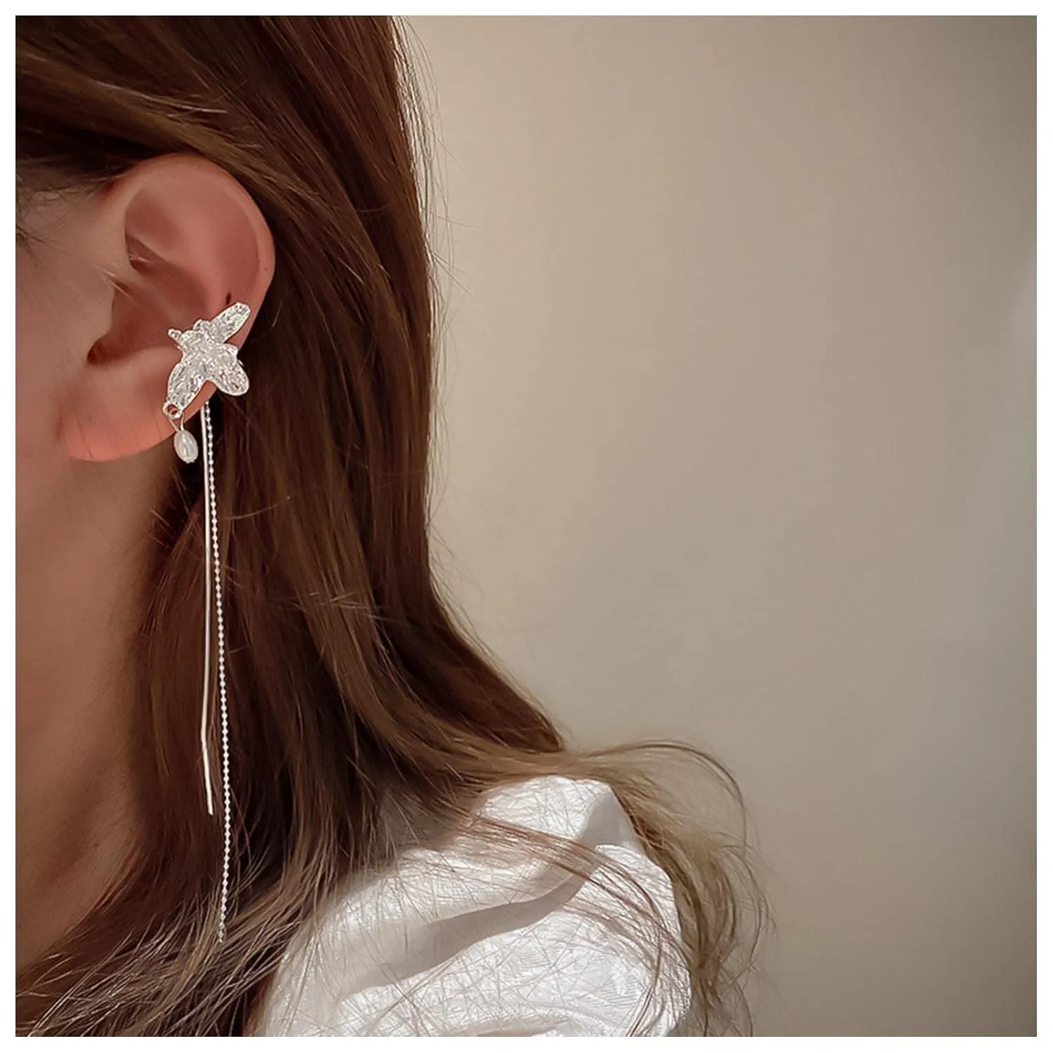 Boho Tassel Chain Ear Cuff Earrings - Silver Leaf, Pearl Drop, Long Chain Dangle - Women & Girls
