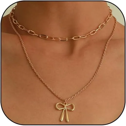 Bow Necklace for Woman Gold Bow Layered Choker Necklace Dainty Butterfly Knot Pendant Necklace Bowknot Charm Necklace Costume Jewelry Accessories