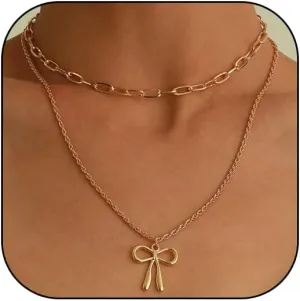 Bow Necklace for Woman Gold Bow Layered Choker Necklace Dainty Butterfly Knot Pendant Necklace Bowknot Charm Necklace Costume Jewelry Accessories
