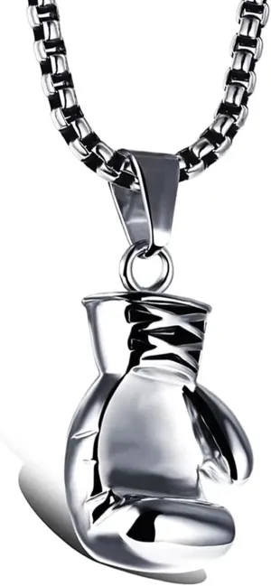 Boxing Necklace for Men Stainless Steel Glove Pendant Gloves Chain Jewelry Charm Boxing Glove Pendant Necklace for Men Punk Style Boxing Glove Chain, Silver