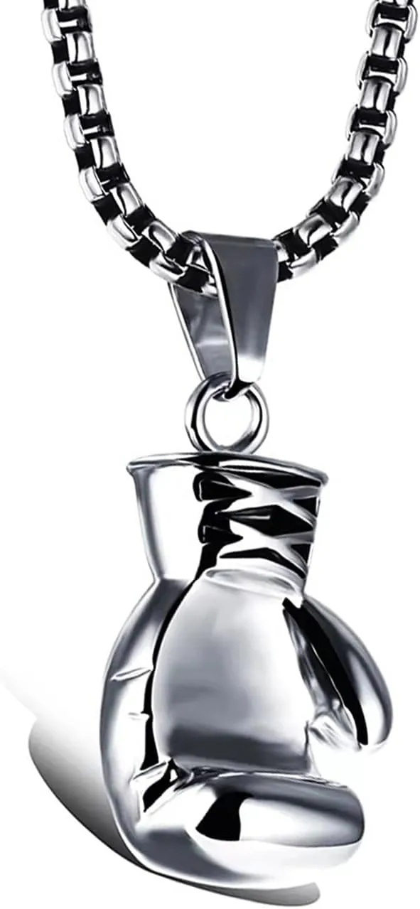 Boxing Necklace for Men Stainless Steel Glove Pendant Gloves Chain Jewelry Charm Boxing Glove Pendant Necklace for Men Punk Style Boxing Glove Chain, Silver