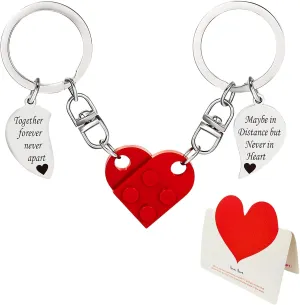 Brick Matching Couple Heart Keychains with Heart Anniversary Card, Heart Keychain Set Valentine's Day Christmas Birthday Stuff Gifts for Couple Boyfriend, Girlfriend, Him, Her, Lovers, Best Friends