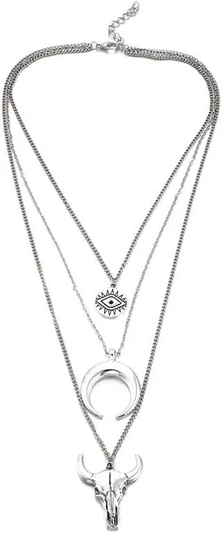 Caiyao Boho Women's Layered Necklace Cowboy Cowgirls Western Women's Chain Necklace Evil Eye Bull Head Necklace Women's Silver Cresent Moon Pendant Necklace Western Jewellery