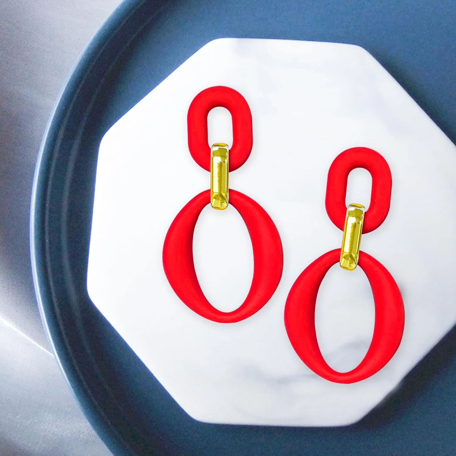 Candy Color Long Chain Link Dangle Earrings for Women Gold Plated Retro Oval Round U Shape Earring Studs