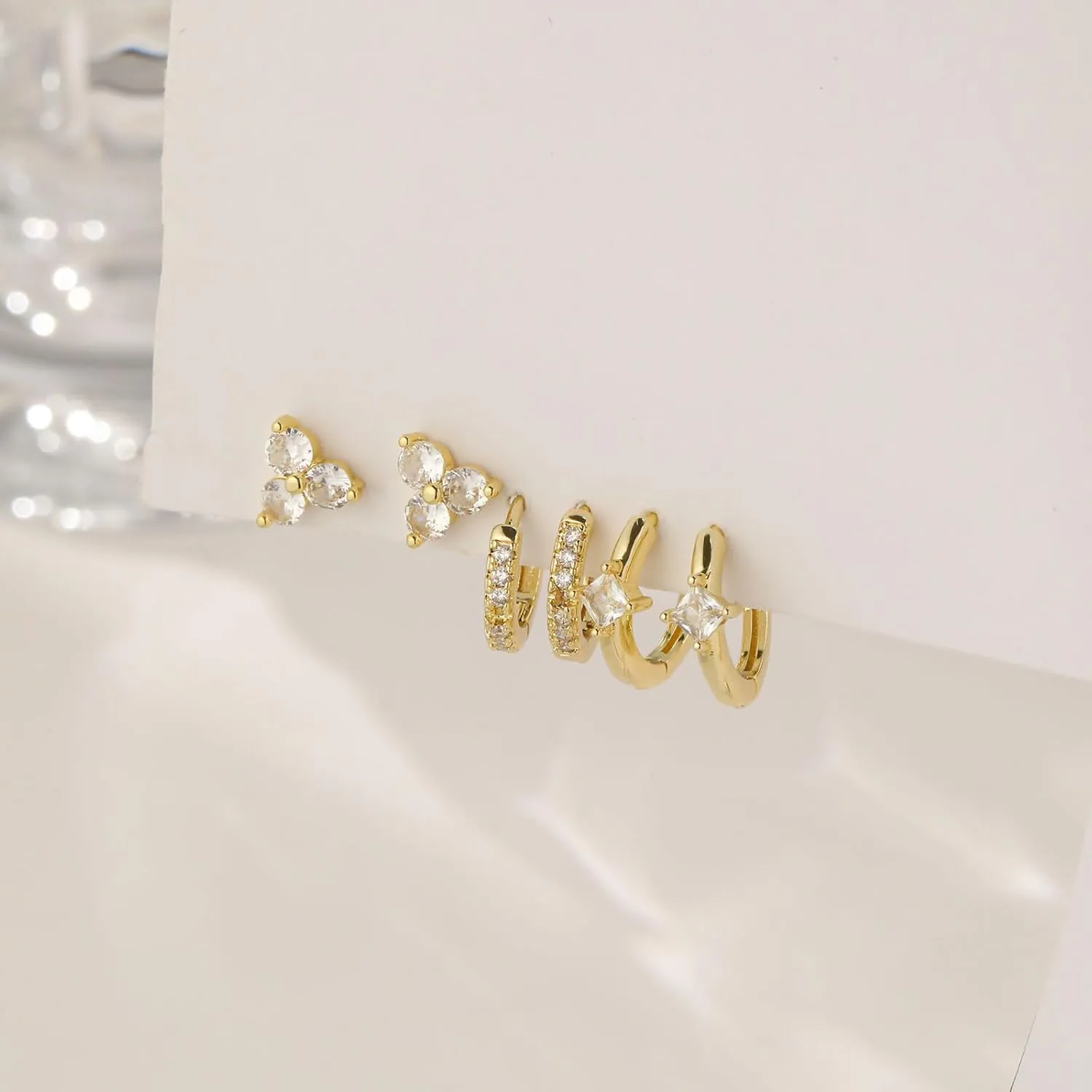CAROVO Dainty 14K Gold Earring Sets Tiny Cartilage Bow Butterfly CZ Stud Small Chunky Open Hoop Earrings Set Multiple Piercing for Women