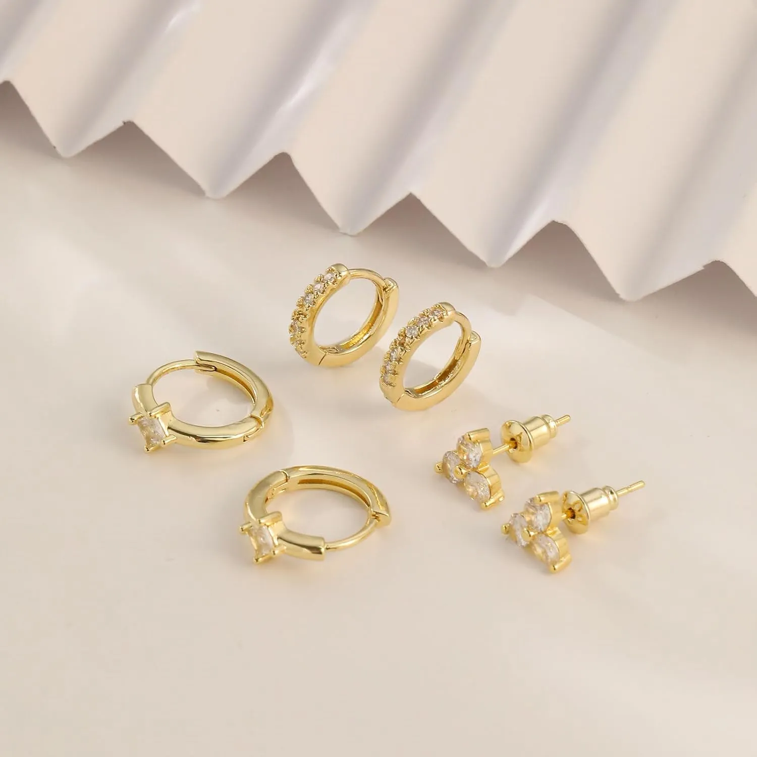 CAROVO Dainty 14K Gold Earring Sets Tiny Cartilage Bow Butterfly CZ Stud Small Chunky Open Hoop Earrings Set Multiple Piercing for Women
