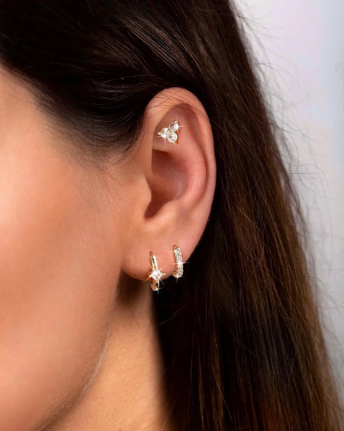 CAROVO Dainty 14K Gold Earring Sets Tiny Cartilage Bow Butterfly CZ Stud Small Chunky Open Hoop Earrings Set Multiple Piercing for Women