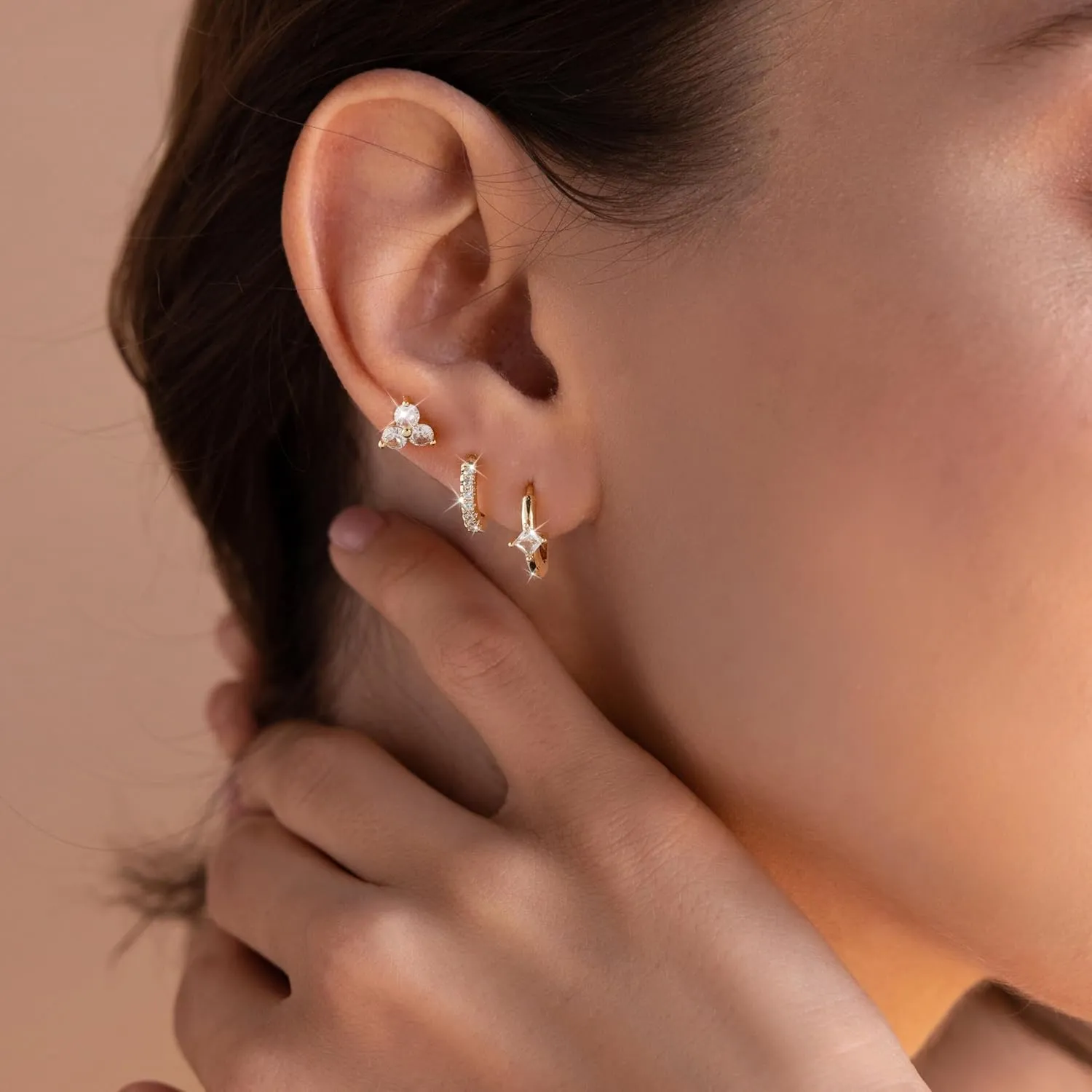 CAROVO Dainty 14K Gold Earring Sets Tiny Cartilage Bow Butterfly CZ Stud Small Chunky Open Hoop Earrings Set Multiple Piercing for Women