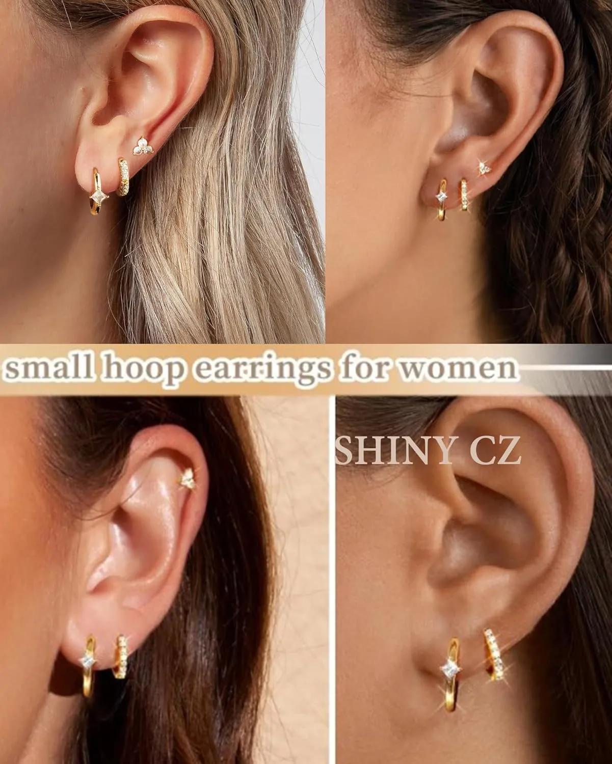 CAROVO Dainty 14K Gold Earring Sets Tiny Cartilage Bow Butterfly CZ Stud Small Chunky Open Hoop Earrings Set Multiple Piercing for Women