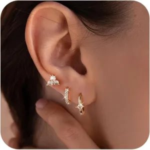 CAROVO Dainty 14K Gold Earring Sets Tiny Cartilage Bow Butterfly CZ Stud Small Chunky Open Hoop Earrings Set Multiple Piercing for Women