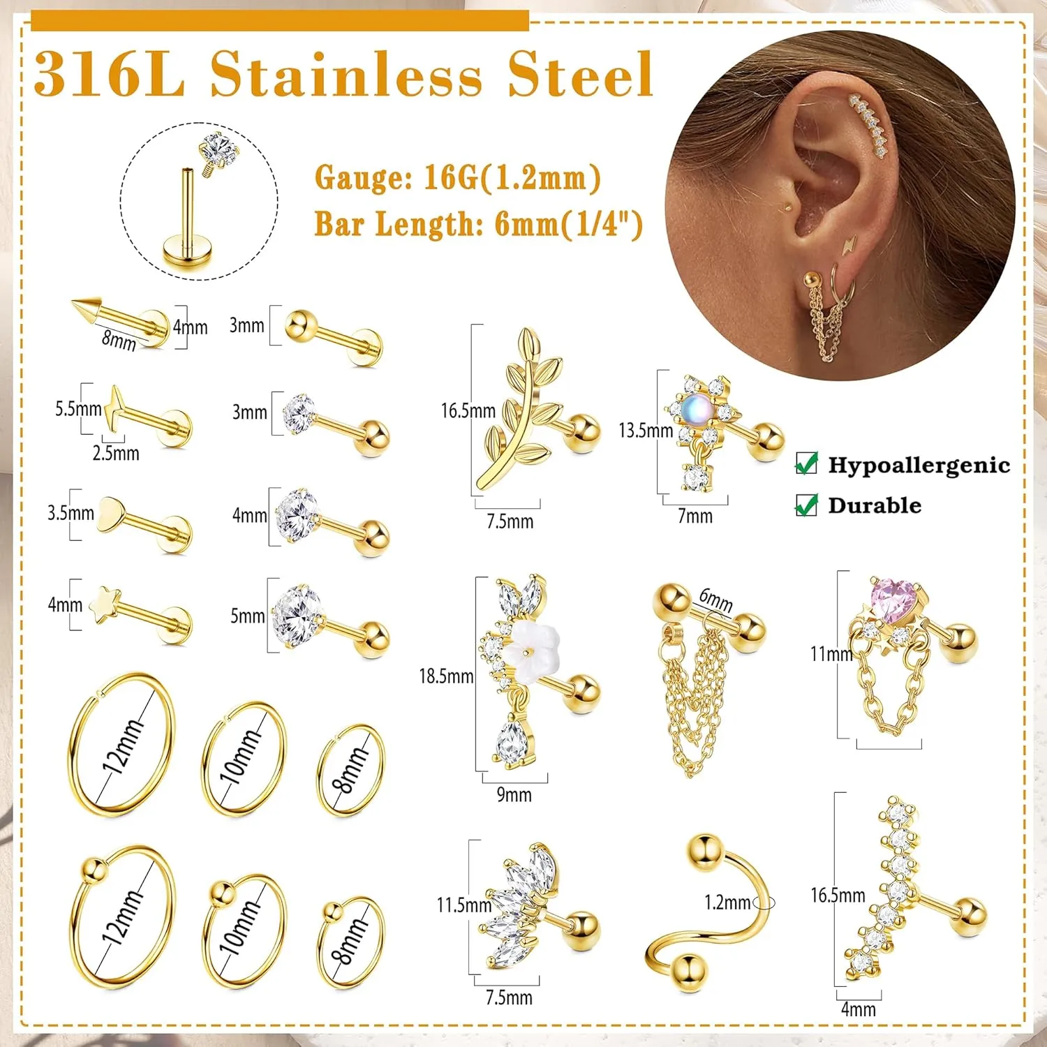 Cartilage Earrings for Women 16G - Conch Helix Tragus Earrings Piercing Jewelry Hypoallergenic Surgical Stainless Steel Cartilage Flat Back Stud Earring Push in Nose Studs Labret Jewelry