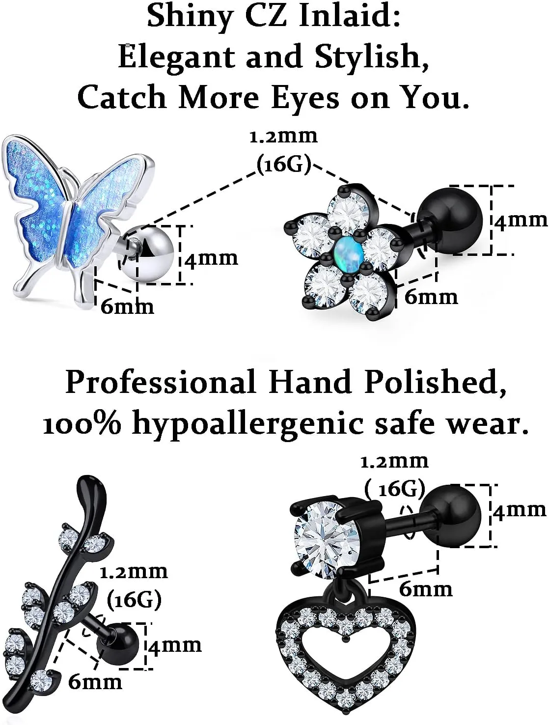 Cartilage Mid Helix Tragus Conch Earrings Piercing Jewelry 16g Hypoallergenic Surgical Stainless Steel for Women